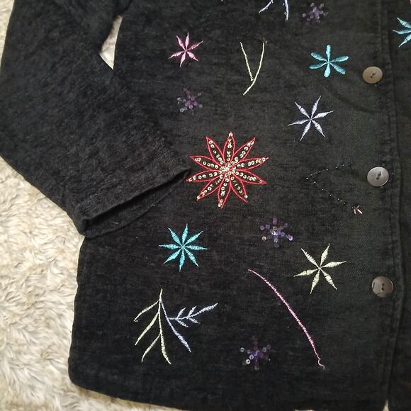 White Stag L 12/14 Black Button Front Jacket Embroidered Beaded Starburst Floral - Picture 4 of 9